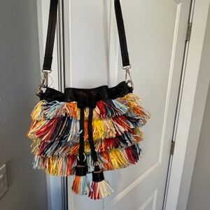 NWOT Zara Colorful Raffia Fringe Mini Bucket Bag 6.5"W x 7.5"H Boho Resort